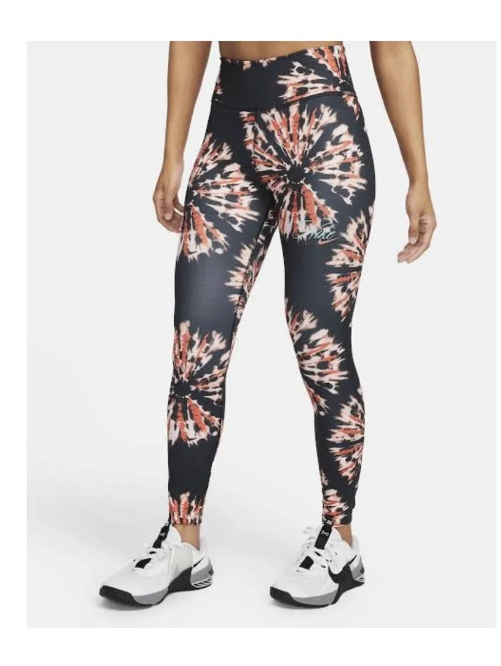 Nike Women's Black Leggings with Coral and Light Pink Tie-Dye